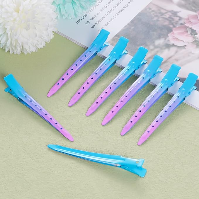 24 Packs Duck Bill Clips, Bantoye 3.35 Inches Rustproof Metal Alligator Curl Clips with Holes for Hair Styling, Hair Coloring, Gradient Blue