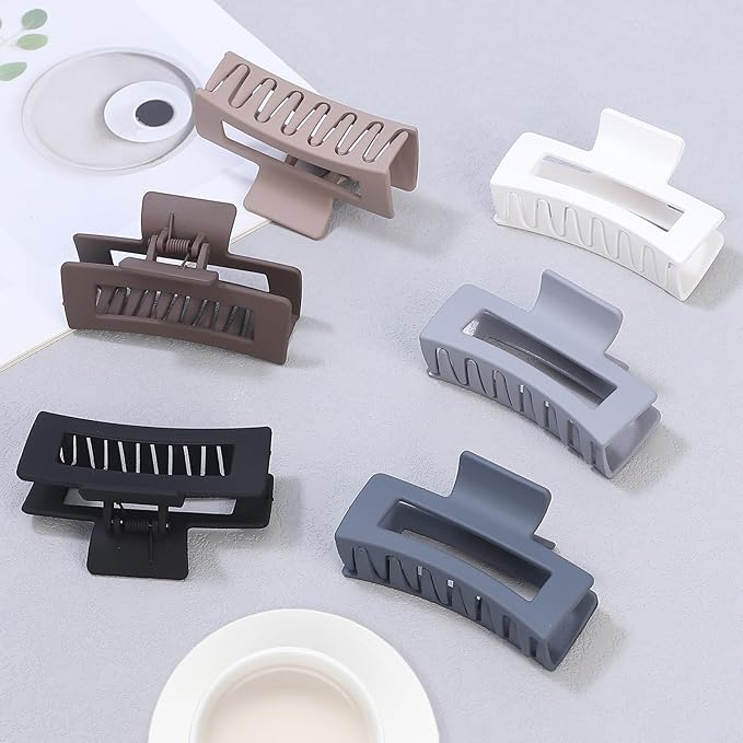 3.5 Inch Medium Hair Claw Clips 6 Pack for Women - Square Rectangle Banana Jaw Clips Accessories for Girls - Brown Grey