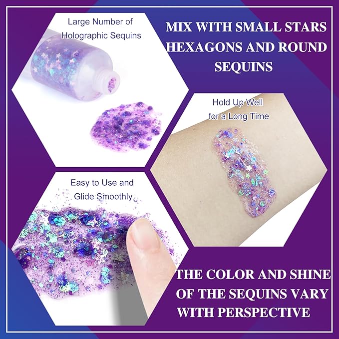 MEICOLY Light Purple Body Glitter,Chameleon Purple Mermaid Face Glitter,Mardi Gras Outfit for Women,Rave Glitter Makeup,Glitter Face Paint,Hair Chunky Glitter,Sparkling Glitter Gel for Women,50ml