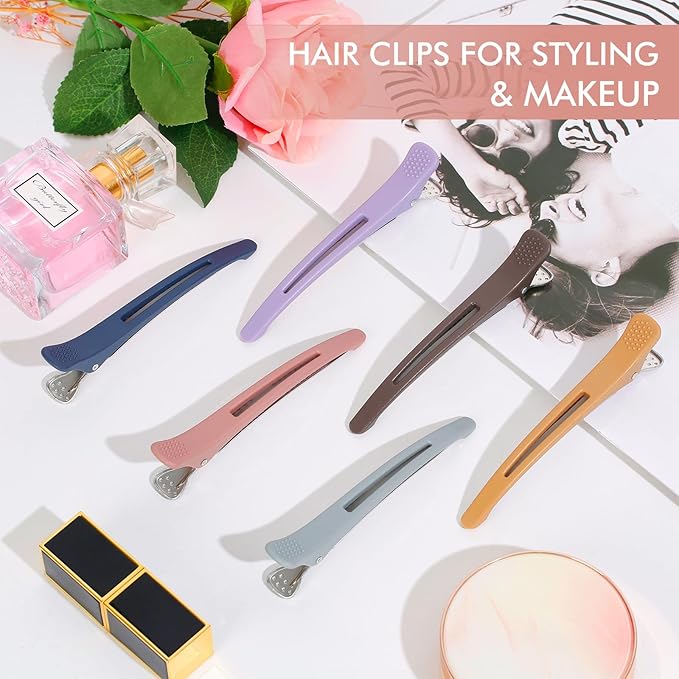 12pcs Duck Billed Hair Clips for Styling Sectioning Rollers Blowout Cutting - Professional Salon Clips with Silicone Band for Stylists Hairdressers Thick Long Hair – Ashen 6 Colors 4.48” Long