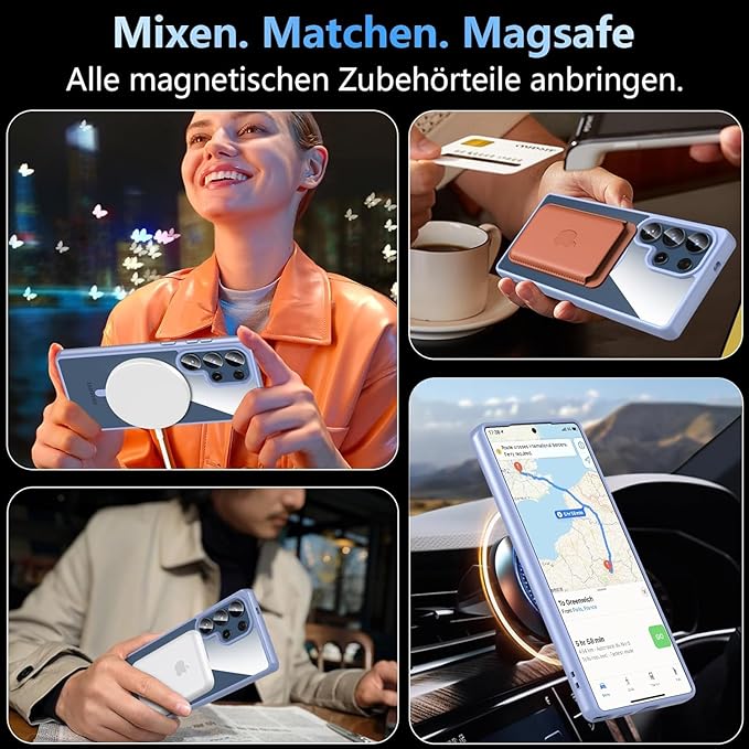 OWKEY Galaxy S25 Ultra Case 6.86'',Magnetic S25 Ultra Case for Magsafe with Tempered Glass Screen, [Shockproof Military] Transparent Back Slim Bumper Cover Phone Case Galaxy S25 Ultra, Light Blue