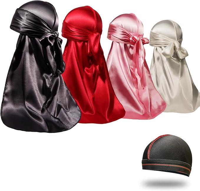 4PCS Silky Durags for Men Women 360 Waves with 1 Wave Cap, Silky Satin Durag Extra Long Tails