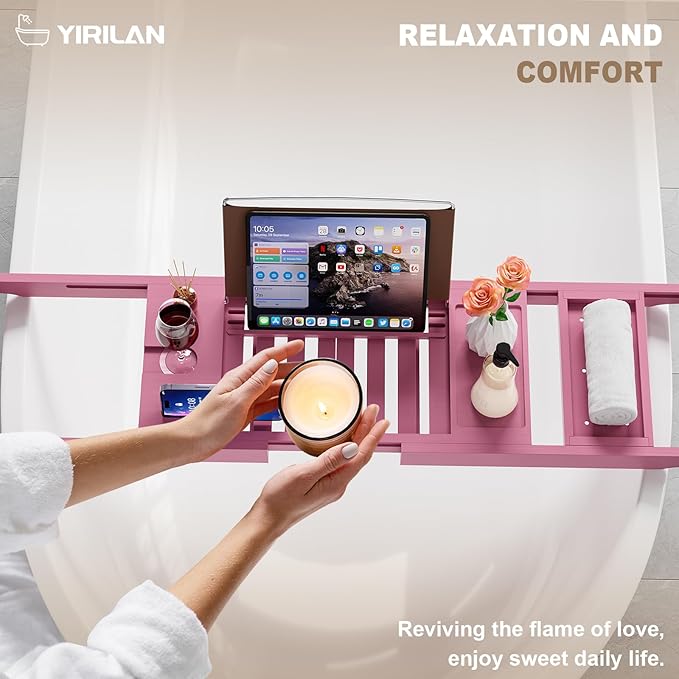 Yirilan Foldable Bathtub Caddy, Expandable Bath Caddy Tray, Unique House Warming Gifts, New Home, Anniversary and Wedding Gifts for Couple, Pink