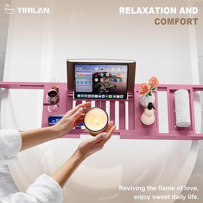 Yirilan Foldable Bathtub Caddy, Expandable Bath Caddy Tray, Unique House Warming Gifts, New Home, Anniversary and Wedding Gifts for Couple, Pink