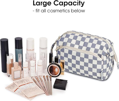 Narwey Checkered Makeup Bag Women Wide-open Make up Bag Travel Cosmetic Bag Organizer Toiletry Bag for Cosmetics Toiletries Accessories (Greyish Blue Checkerboard)