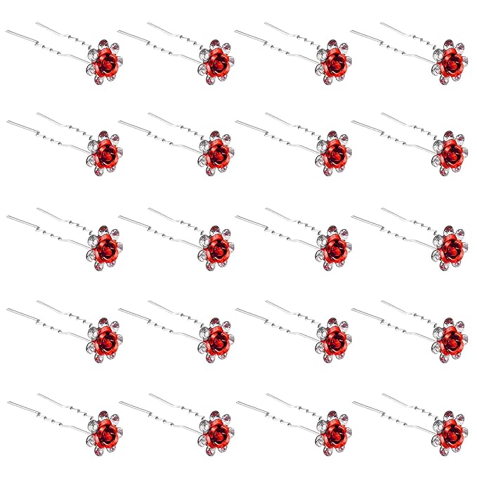 20 Pack (Red) Crystal Hair Pins Rose Flower Rhinestone Hair Clips for Bridal Wedding Women Hair Jewelry Accessories, with Clear Container