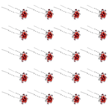 20 Pack (Red) Crystal Hair Pins Rose Flower Rhinestone Hair Clips for Bridal Wedding Women Hair Jewelry Accessories, with Clear Container