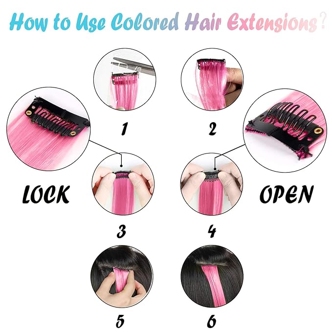 12 PCS Clip in Pink and Lake Blue Hair Extensions, 20 Inch Colorful Hair Accessories, Synthetic Straight Hairpiece for Kids Girls Women (Pink and Lake Blue)