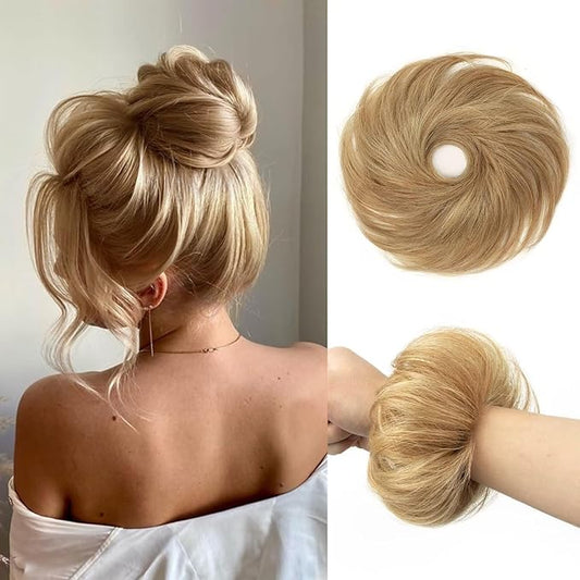 1PCS Messy Bun Hair Piece Human Hair Natural Curly 100% Real Human Hair Chignons Scrunchies Hair Fluffy Hair Buns for Women Bun Donut Updo Hair Pieces Bun Extension (#P12-613)