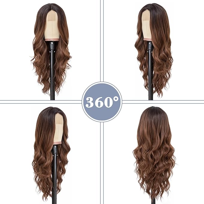 NAYOO Long Ombre Brown Wavy Wig for Women 26 Inch Middle Part Curly Wavy Wig Natural Looking Synthetic Heat Resistant Fiber for Daily Party Use (Ombre Brown)