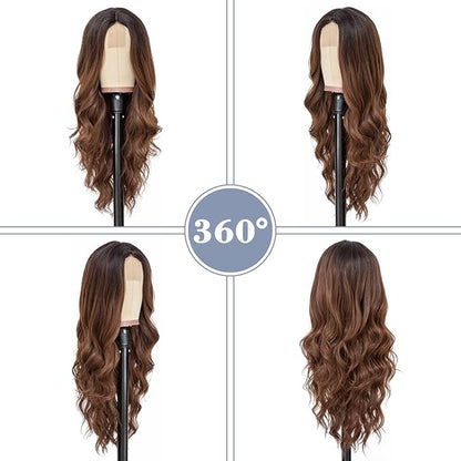 NAYOO Long Ombre Brown Wavy Wig for Women 26 Inch Middle Part Curly Wavy Wig Natural Looking Synthetic Heat Resistant Fiber for Daily Party Use (Ombre Brown)