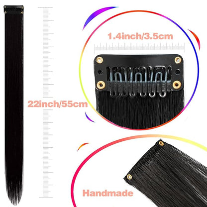 12 PCS Black Hair Extensions Clip in, Colored Party Highlights Extension for Girls Women Synthetic Hairpiece Straight 22 inch