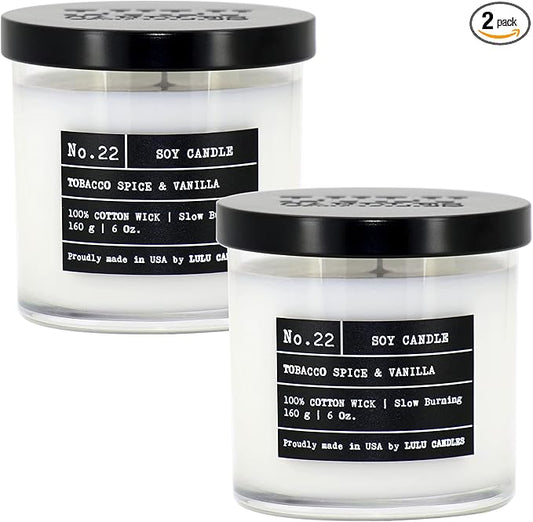 Lulu Candles | Tobacco, Spice & Vanilla | Luxury Scented Soy Jar Candle | Hand Poured in The USA | Highly Scented & Long Lasting- 6 Oz. 2 Pack