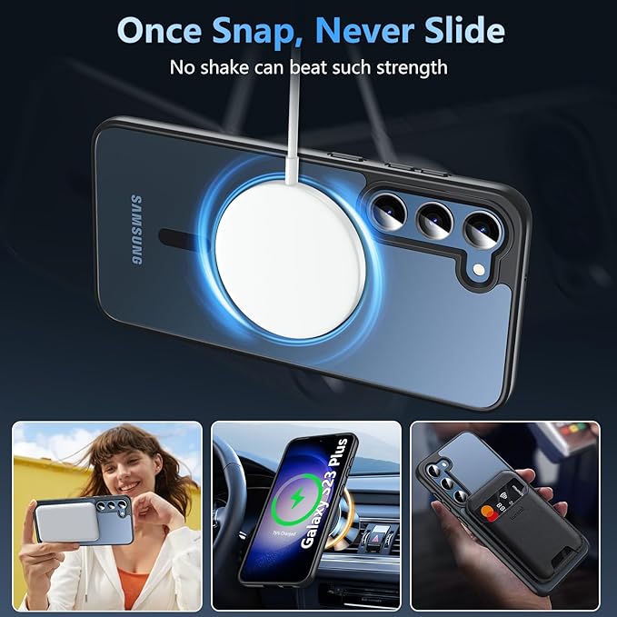 OWKEY for Samsung Galaxy S23 Plus Case 6.6'', Magnetic S23 Plus Case Compatible with Magsafe, [Military Grade Shockproof] Translucent Back Slim Bumper Cover Phone Case, Black