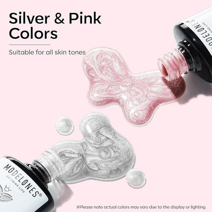 modelones Cat Eye Gel Nail Polish, 2 PCS 15ML Pink Sliver Holographic 9D Cat Eye Glitter Multichrome Silver Pink Shades Polish with Magnet Soak Off Led Nail Art Gel DIY Salon Gift