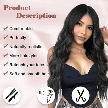 NAYOO Long Black Wavy Wig for Women 26 Inch Middle Part Curly Wavy Wig Natural Looking Synthetic Heat Resistant Fiber Wig for Daily Party Use (Natural Black)