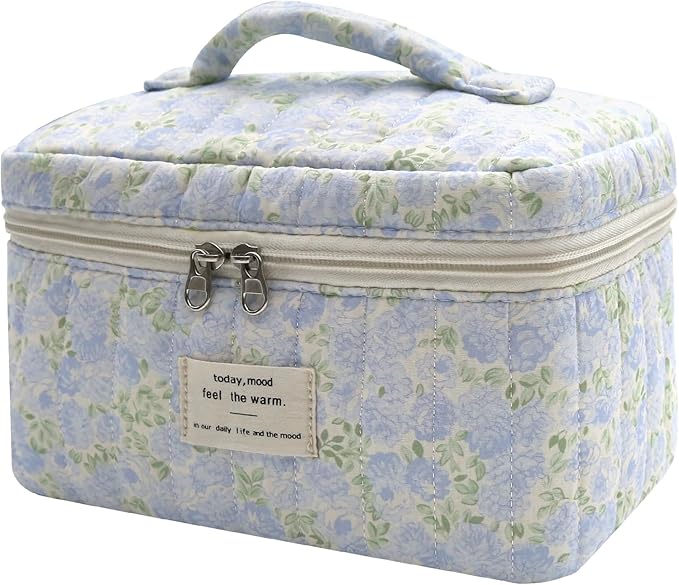 1pc Large Makeup Bag, Cute Cosmetic Bag for Women Girls, Floral Coquette Aesthetic Toiletry Bag, Travel Make Up Organizer Bag (Green Leaves Blue Flowers)