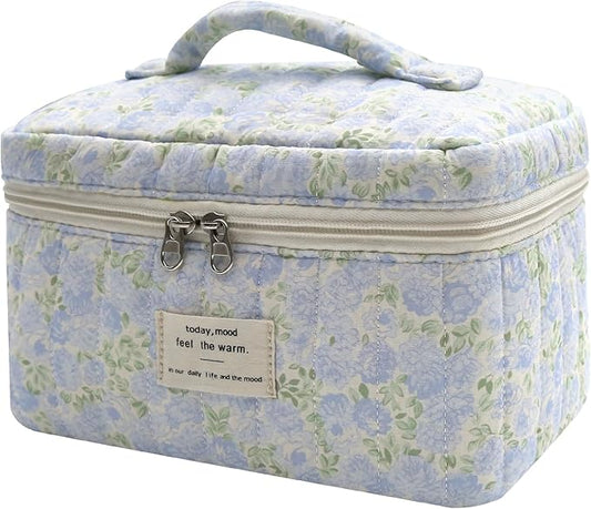 1pc Large Makeup Bag, Cute Cosmetic Bag for Women Girls, Floral Coquette Aesthetic Toiletry Bag, Travel Make Up Organizer Bag (Green Leaves Blue Flowers)