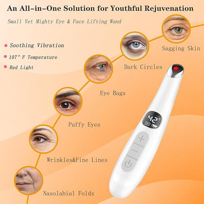 3 in 1 Eye Lift Wand, Vibrating 98°F to 113°F LCD Display Screen Massager for Dry Eyes, Dark Circles, Puffiness, Fine Lines and Wrinkles, Cream White