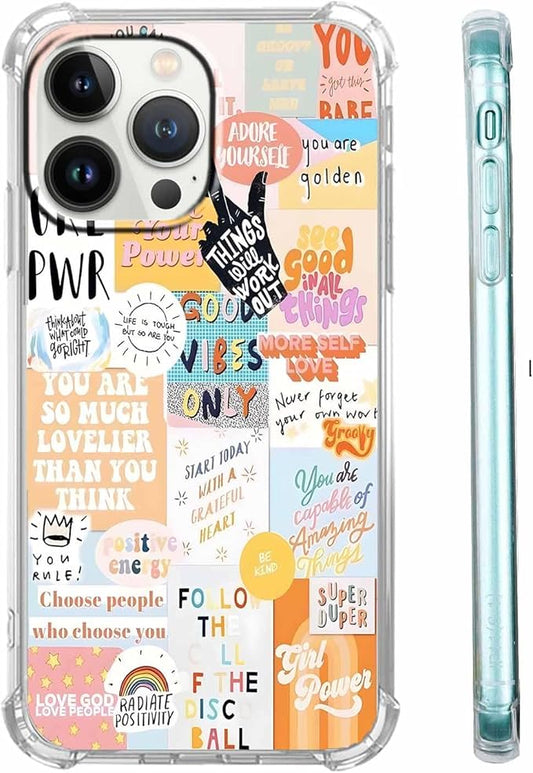 Case for iPhone 14 Pro with Beige Design,Cute Inspirational Positive Quotes Collage Pattern,Trendy Soft TPU Bumper Phone Cover(14pro,Yellow)