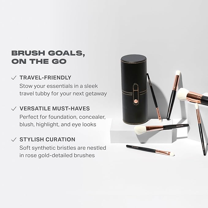 Morphe Rose Away Makeup Brushes - 6 Piece Makeup Brush Set of Eye and Face Brushes - Made with Synthetic Bristles and Includes Makeup Brush Case (6 Count)