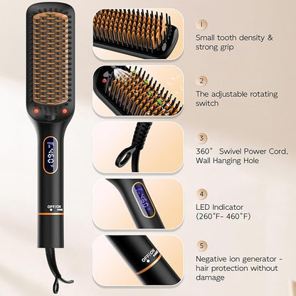 Nicebay Straightener Brush, Rotatable Temperature Adjustment Hair Straightening Brush, Auto-Off & Led Display Hair Straightener Comb for Women