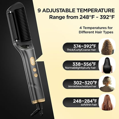 Hair Straightener Brush, Negative Ion Flat Iron & Straightening Comb 2 in 1 with Convenient Comb, Fast Heating, Anti-Scalding, 30s Fast Heating, 5 Temp Settings 284℉ - 392℉ (Gold Gray)