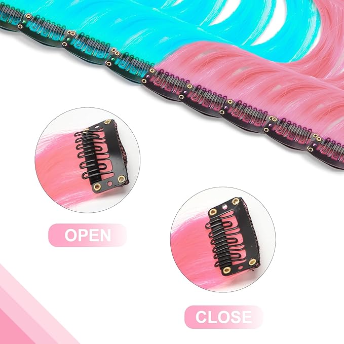 10 PCS Pink and Lake Blue Hair Extensions, Curly Wavy Synthetic Hairpieces Clip in Rainbow Neon Party Highlights, Colorful Hair Accessories for Women 17 inch (Pink Lake Blue)