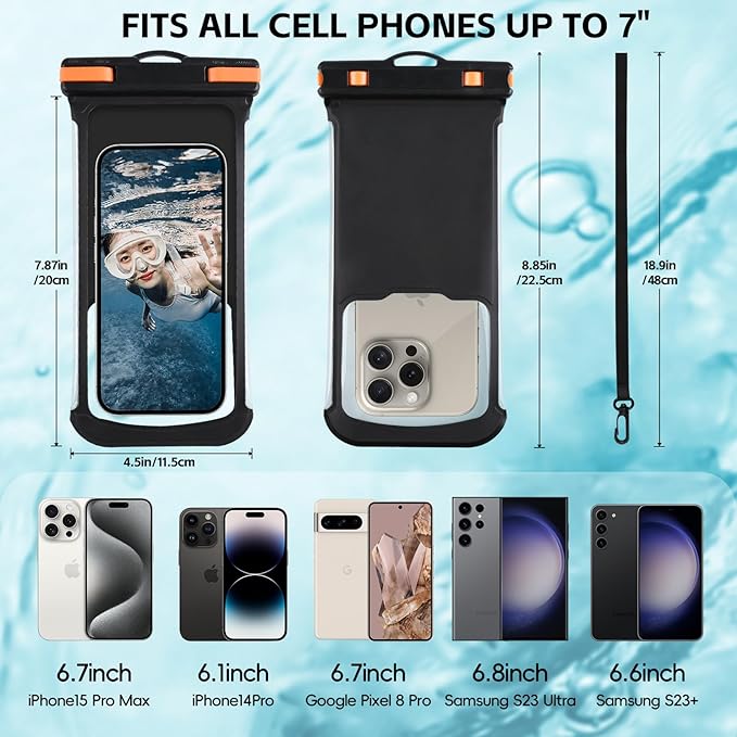 2 PCS Waterproof Phone Pouch, IPX8 Underwater Case for iPhone 15 14 13 Pro Max Plus, Galaxy S24 S23 Pixel 8a 7a Up to 8",Dry Bag for Beach Cruise Essentials, Black Orange