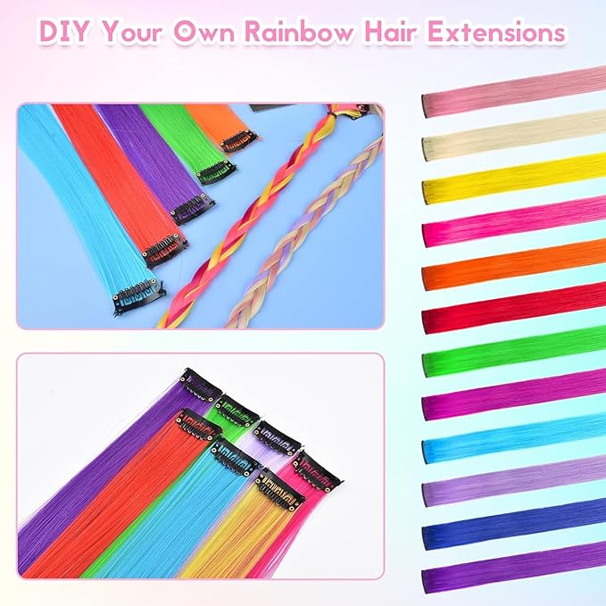 24PCS Colored Clip in Hair Extensions Birthday Gift for Girls Age 4 5 6 7 8-10-12 Year Old, 20Inch Colorful Hair Accessories Rainbow Hairpieces Christmas Stocking Stuffers for Girls Easter Valentines