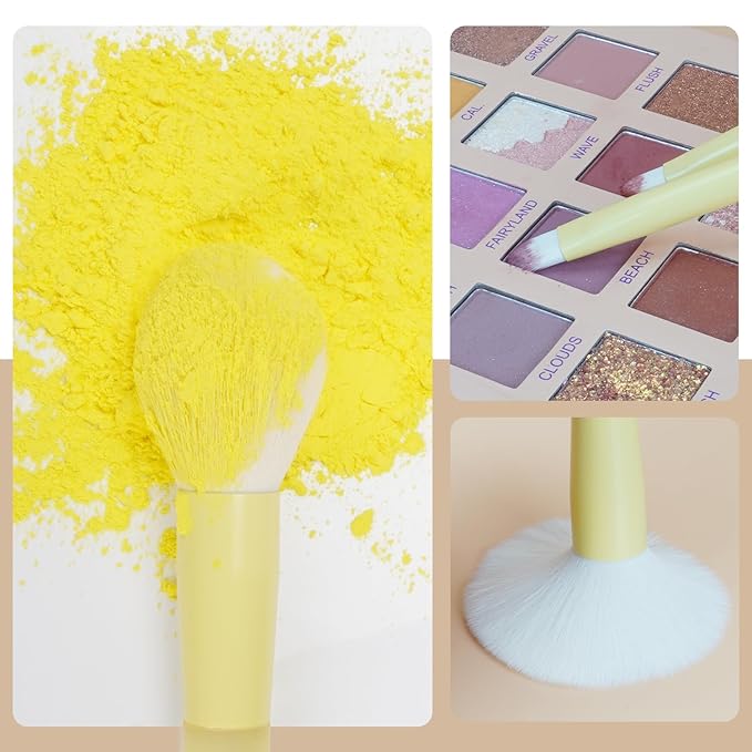 18pcs Colorful Makeup Brush Set with Make up Bag and Sponge Applicators for Liquid Foundation - Professional Cosmetics Tools Blush Blending Blender Brushes Gift Pack (Yellow)