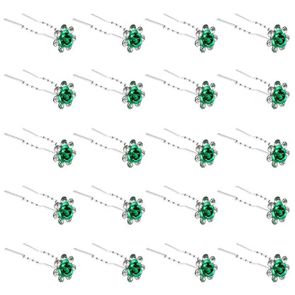 20 Pack (Green) Crystal Hair Pins Rose Flower Rhinestone Hair Clips for Bridal Wedding Women Hair Jewelry Accessories, with Clear Container