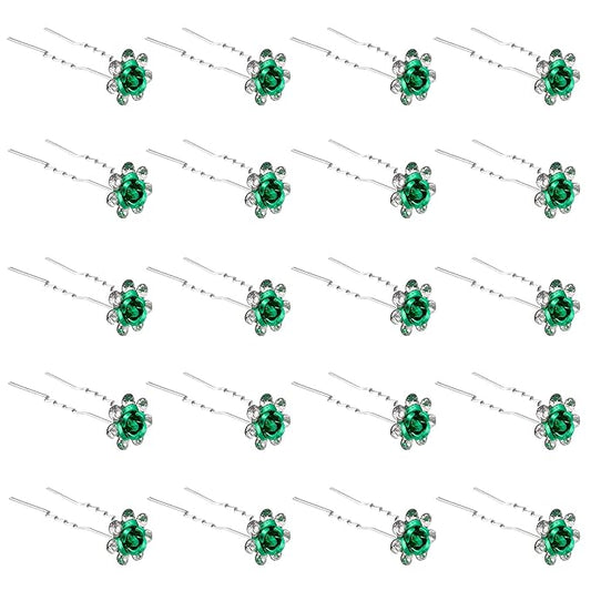 20 Pack (Green) Crystal Hair Pins Rose Flower Rhinestone Hair Clips for Bridal Wedding Women Hair Jewelry Accessories, with Clear Container