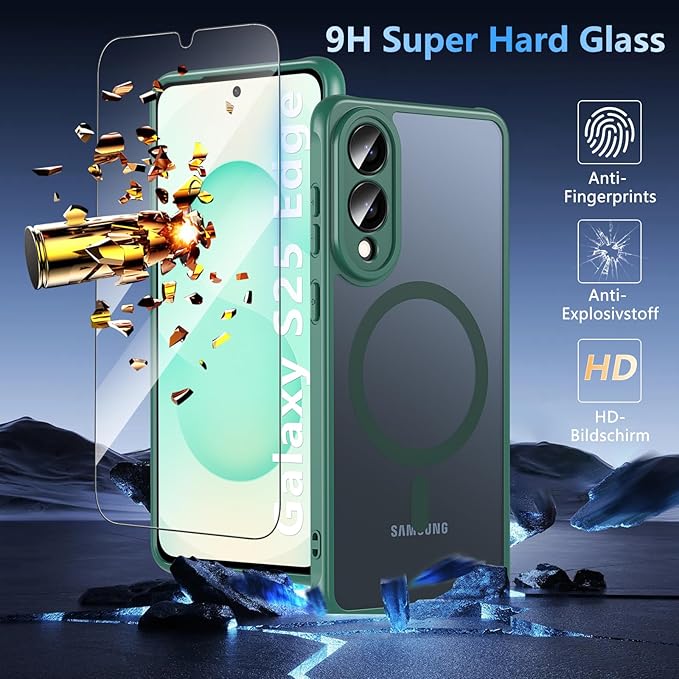 OWKEY for Samsung Galaxy S25 Edge Case 6.65'',Magnetic S25 Edge Case for Magsafe with Tempered Glass Screen, [Shockproof Military] Translucent Back Slim Bumper Cover Phone Case Galaxy s25 Edge,Green