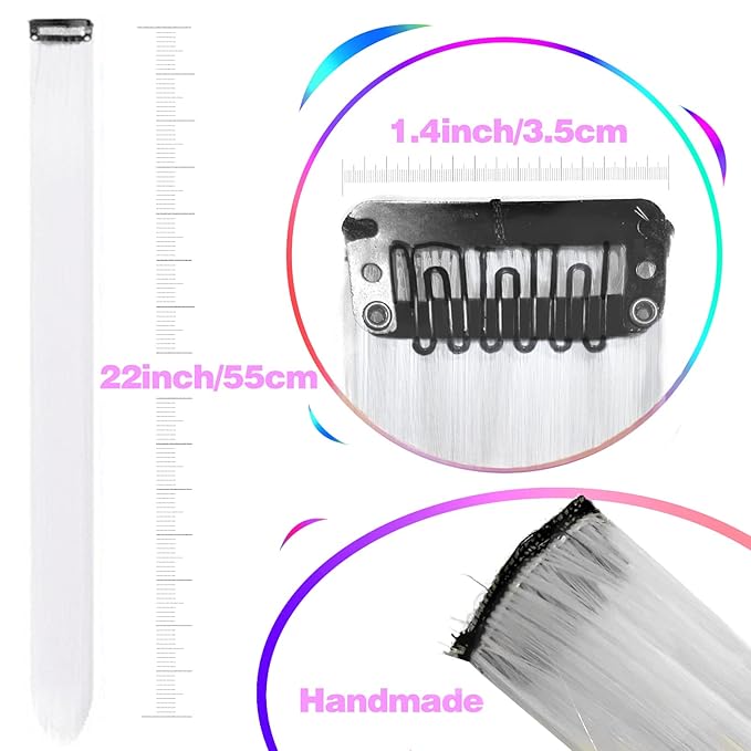 12 PCS White Hair Extensions Clip in, Colored Party Highlights Extension for Kids Girls Synthetic Hairpiece Straight 22 inch