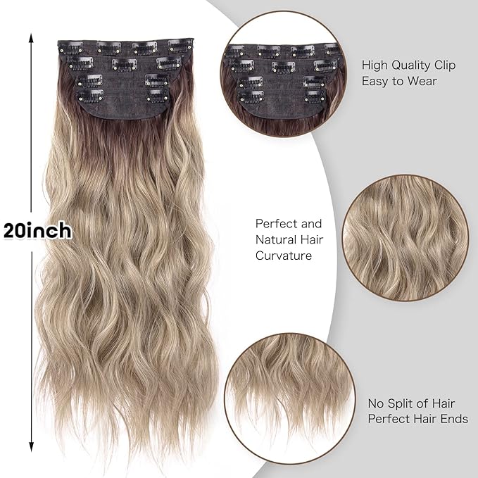 4PCS Clip in Hair Extensions 20 Inches Long Blonde Soft Wavy Clip in Synthetic Hair Extensions for Women (Ombre Chocolate Brown Mix Ash Blonde, R6/88#)