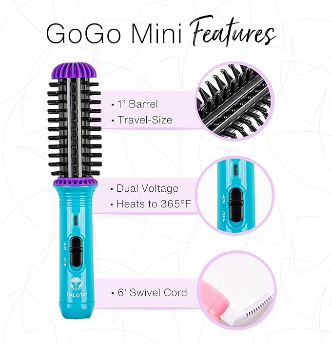 CALISTA GoGo Mini Heated Round Brush | Curl, Touch-Up, De-Frizz, Smooth, and Style Hair with Mini 7” Styling Tool | Heats to 365°F | Perfect Travel Tool | Dual Voltage (Cheetah)