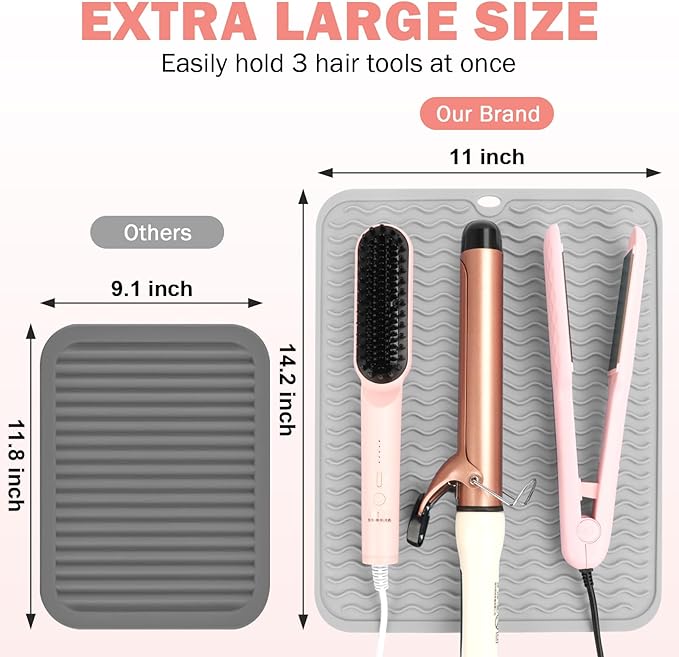 Oversize Silicone Heat Resistant Mat for Curling Iron, Hair Straightener, Flat Irons and Hot Hair Styling Tools, Portable Wrap Pad Cover for Home Vanity Travel(14.2" x 11")