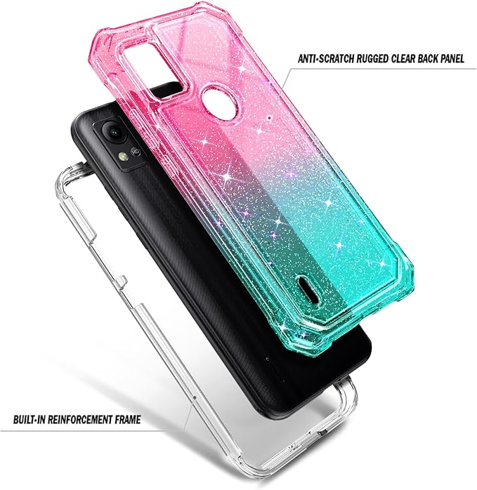 Designed for Cricket Icon 5 Case, AT&T Motivate 4 Phone Case with [Built-in Screen Protector], [5.5FT Mil-Grade Drop Tested] Full-Body Protective Shockproof Bumper Case (Glitter Pink/Aqua)