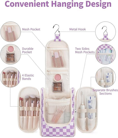 Narwey Small Checked Hanging Travel Toiletry Bag for Women, Travel Bag for Toiletries, Makeup Bag Organizer Cosmetic Bags Make Up Bags for Women (Purple Checkerboard)