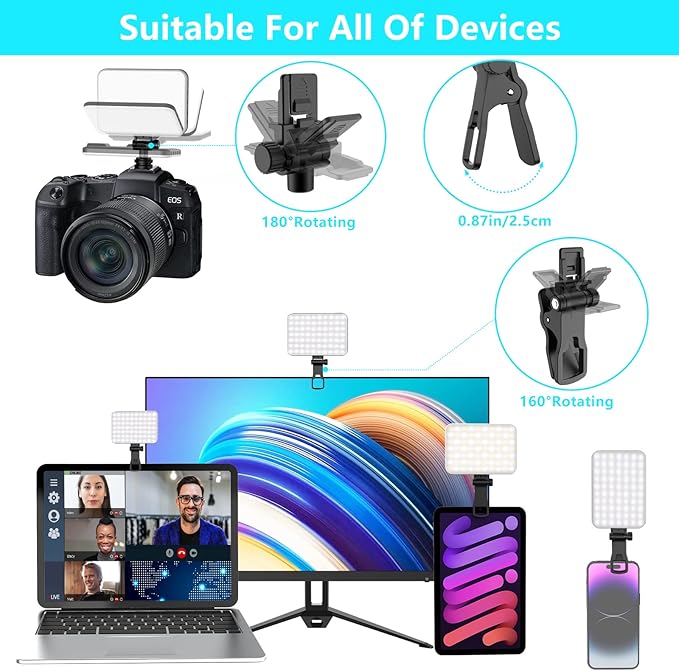 Selfie Light, 60 LED 2200mAh Rechargeable Cell Phone Fill Light 7 Modes, 10-Level Brightness, Portable Clip on Light for Phone/Tablet/Laptop, Zoom Call Vlog Makeup TikTok Video Fill Light