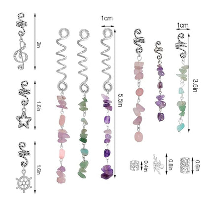 40Pcs Natural Colored Crystal Stone Hair Accessories, hoyuwak Metal Hair Charms, Silver Loc Dreadlock Spirals, Cuffs & Rings for Women's Hairstyles