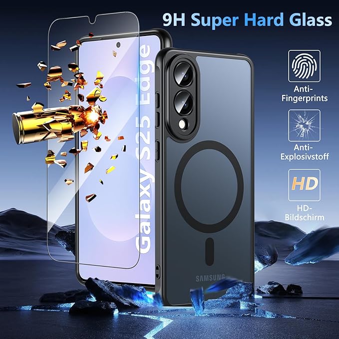OWKEY for Samsung Galaxy S25 Edge Case 6.65'',Magnetic S25 Edge Case for Magsafe with Tempered Glass Screen, [Shockproof Military] Translucent Back Slim Bumper Cover Phone Case s25 Edge, Black