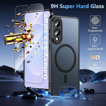 OWKEY for Samsung Galaxy S25 Edge Case 6.65'',Magnetic S25 Edge Case for Magsafe with Tempered Glass Screen, [Shockproof Military] Translucent Back Slim Bumper Cover Phone Case s25 Edge, Black