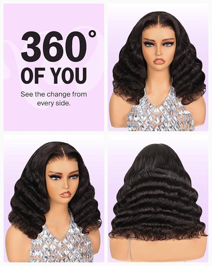 6x6 Bob Wig Human Hair Wear and Go Glueless Wigs 12A Loose Curly Bob Wig Pre Cut Lace Closure Wig Pre Bleached Tiny Knots Short Bob Wigs 14 Inch