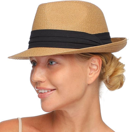 FURTALK Fedora Straw Sun Hat for Men Women Foldable Roll Up Short Brim Trilby Hat Panama Beach Hat UPF 80+