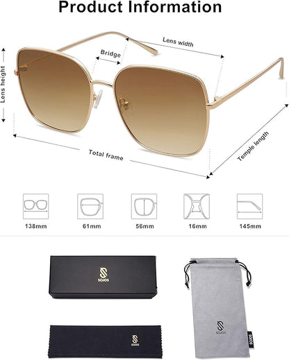 SOJOS Trendy Oversized Square Metal Frame Sunglasses for Women Men Retro Big Flat Lens UV Protection Sunglasses SJ1146