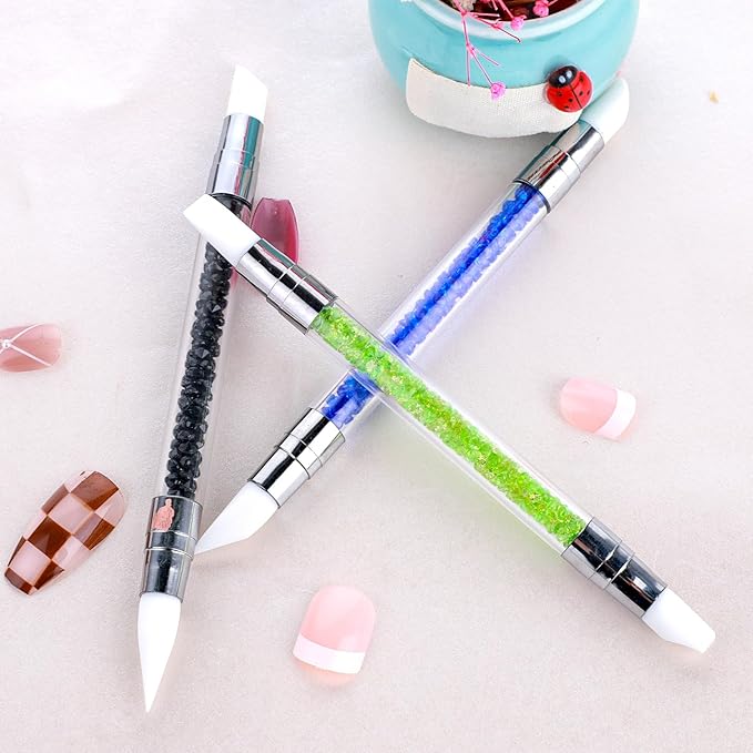 3 Pcs Nail Art Sculpture Pen, Dual Tipped Silicone Nail Tools, Silicone Head Acrylic Handle Nail Art Brushes, Rhinestone Nail Polish Carving Pen, Nail Art Tools for Home Salon(Black Green Royal Blue)