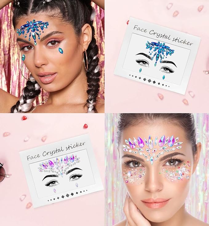 iMethod Face Jewels and Body Glitter - Face Gems, Mermaid Face Jewels Stick On, Holographic Cosmetic Face Glitter, for Festival Holiday Costumes & Halloween Alien Makeup, 12 Pcs