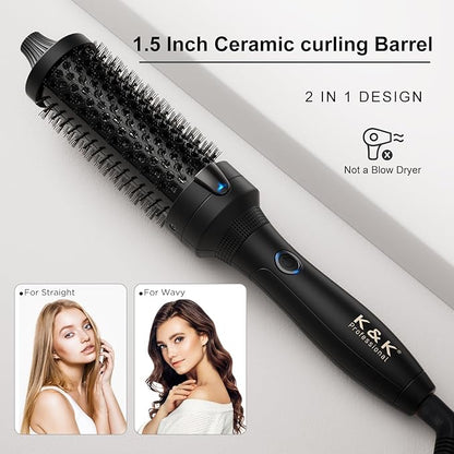 K&K Thermal Brush, 1.5 Inch Heated Round Brush, Professional Heated Curling Ceramic Tourmaline Ionic Curling Iron, Hot Styling Volumizing Tool, Dual Voltage Black